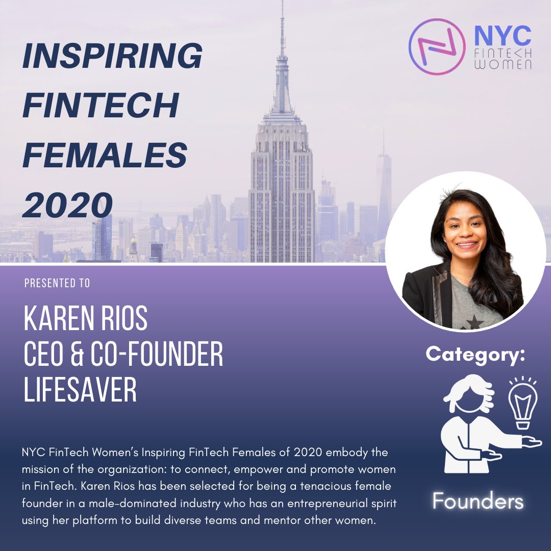 Excited to announce that our CEO and Co-founder, #KarenRios was selected to be one of <a href="/nycfintechwomen/">NYC Fintech Women</a> #IFF2020 honorees in the #Founders Category. Congratulations to the many other inspirational &amp; hard-working women in FinTech! nycfintechwomen.com/inspiring-fint…