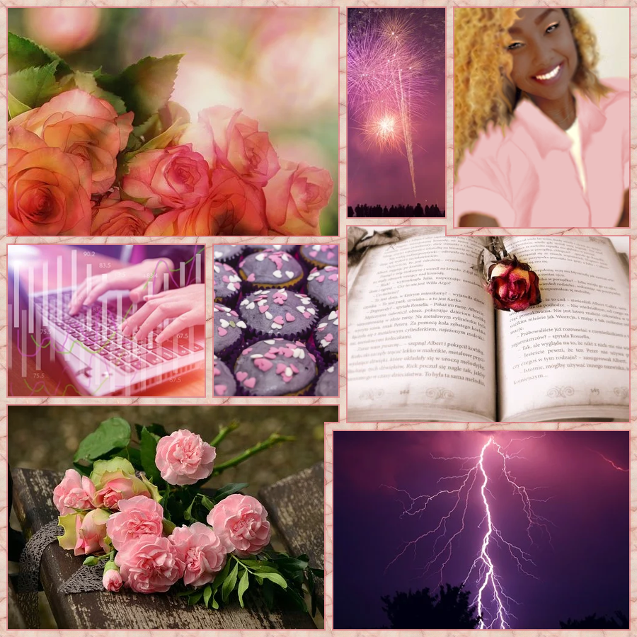 Aesthetics board based around the color pink: pink roses in soft light, white fireworks against a pink-purple background, a dark skinned black girl with dark gold hair and a light pink shirt, hands over a keyboard with a pink haze, chocolate cupcakes with pink heart sprinkles, an open book with a fading pink rose, pink carnations on a wood table, and lightning against a pink and purple sky