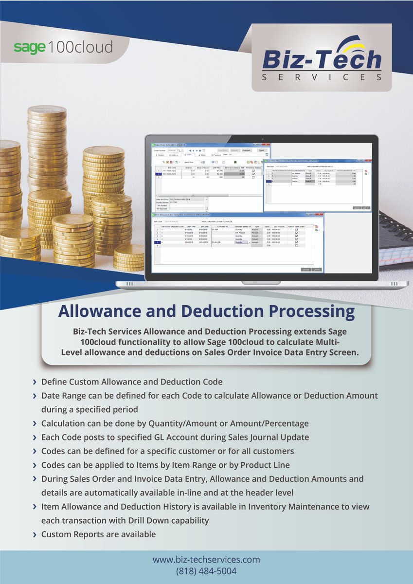 BizTechServices's tweet image. Biz-Tech Allowance and Deduction Processing extends Sage 100cloud functionality to allow the Sage 100 ERP system to calculate multilevel allowance and deductions on the Sales Order Invoice Data Entry screen. #sage100cloud #distribution #EDI #Sage