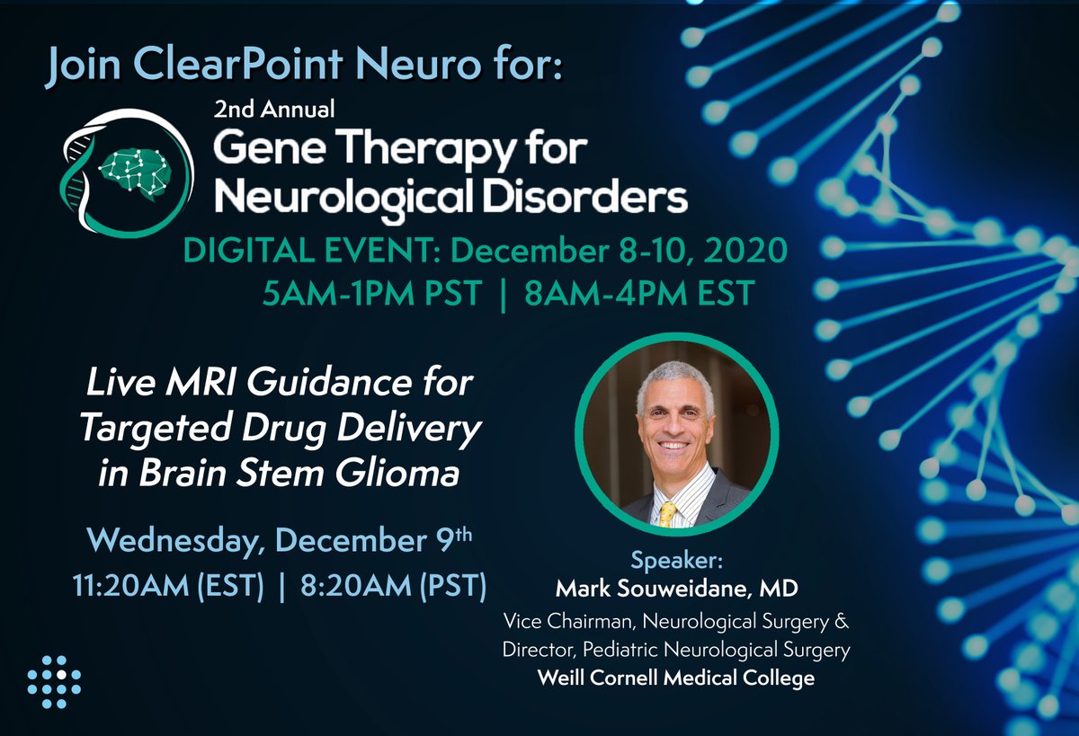 We're supporting the #GTxN2020 with <a href="/PTCBio/">PTC Therapeutics</a>. Tune in at 11:20am EST on 12/9 to hear #ClearPoint user Dr. Mark Souweidane of <a href="/WeillCornell/">Weill Cornell Medicine</a> speak about MRI-guided drug delivery to brain stem gliomas. Register here: bit.ly/3qoNFXy #GTxN2020 #GeneTherapy #DrugDelivery