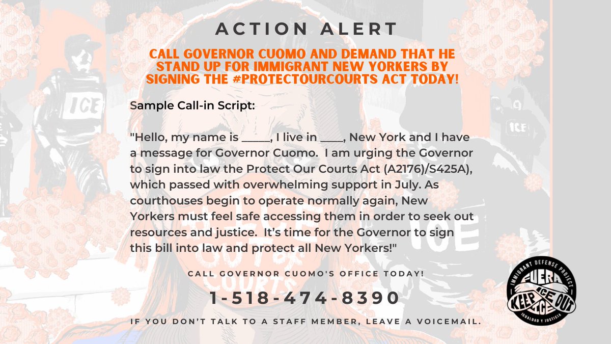 6/  @NYGovCuomo—signing the  #ProtectOurCourts Act today would bring critical protections to NYs immigrant communities, many of which have been hit hard by  #COVID19.Call the Governor's office today and let him know that you want him to sign this bill and get  #ICEOutofCourts NOW!