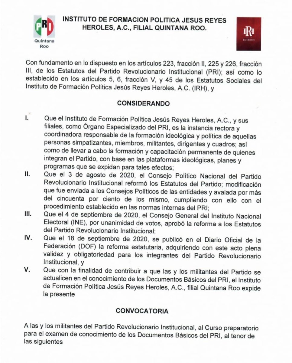IRHQRoo's tweet photo. @IRHQRoo y @PRI_QROO invitan, a los y las militantes del 🇲🇽Partido Revolucionario Institucional🇲🇽, al Curso Preparatorio de Conocimiento de los Documentos Básicos del #PRI. 👍

Consulta las bases de la convocatoria 📝
https://t.co/1smgvxFGZY

 👍🇲🇽 @CandyAyuso  @ariveropalomo https://t.co/yBU5Y89xPa