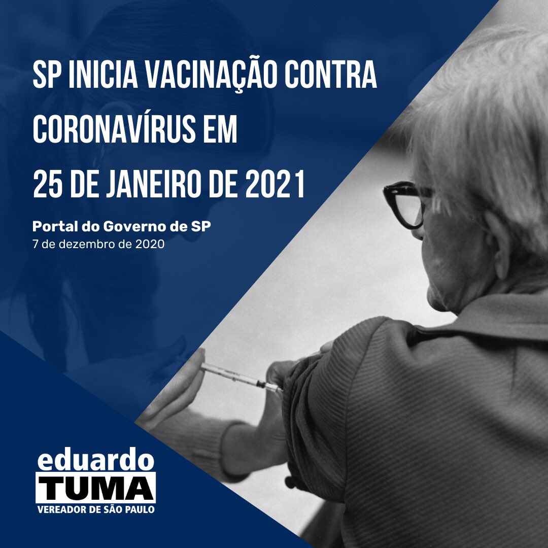 EduardoTuma's tweet photo. Pessoal, o @governosp anunciou hoje que a vacinação gratuita contra o coronavírus deve começar em 25 de janeiro. Nessa primeira etapa, a prioridade será para os profissionais de saúde, pessoas acima de 60 anos, indígenas e quilombolas. Confira 👉 https://t.co/UVOkQ4zdNb https://t.co/9nKhuaFZ6p