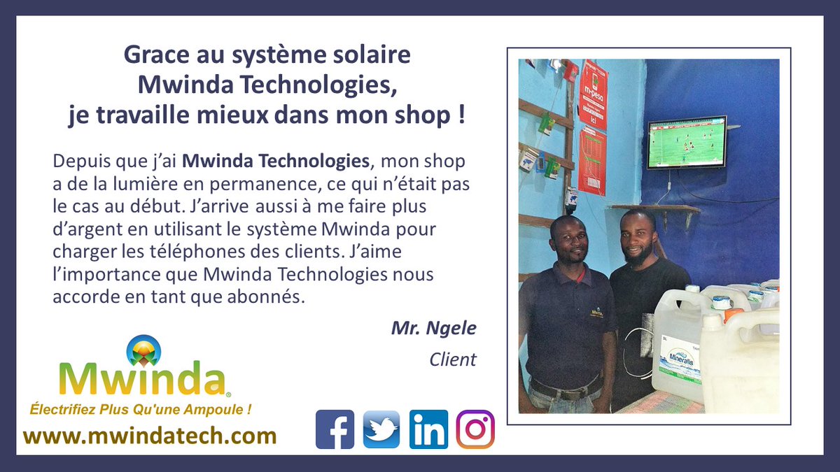 Excellente qualité, très abordable, excellent service clientèle, expertise technique. Voici ce que les clients de Mwinda Technologies disent de nos solutions d’énergies renouvelables et d’inclusion financières. Avec Mwinda Technologies, vous électrifiez plus qu'une ampoule!