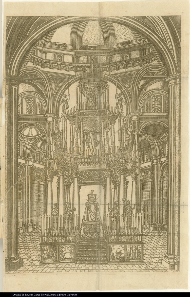 Groups in cities around the globe erected catafalques as part of their funerary celebrations, allowing them to mark a royal death w/out the presence of an actual royal body to mourn.Catafalque for Philip IV in Mexico City, designed by IsidroSariñana y Cuenca, 1666,  @JCBLibrary