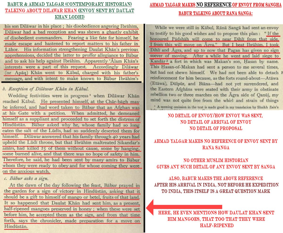 Now let's compare info given about envoy of Daulat Khan wrt Rana Sanga.Babur & Ahmad Yalgar(court historian), both make a 3-page refr. of envoy sent by Daulat khan which included details like half-ripped Mangoes sent as gift, bt only a 4-line ref about strongest King in North?