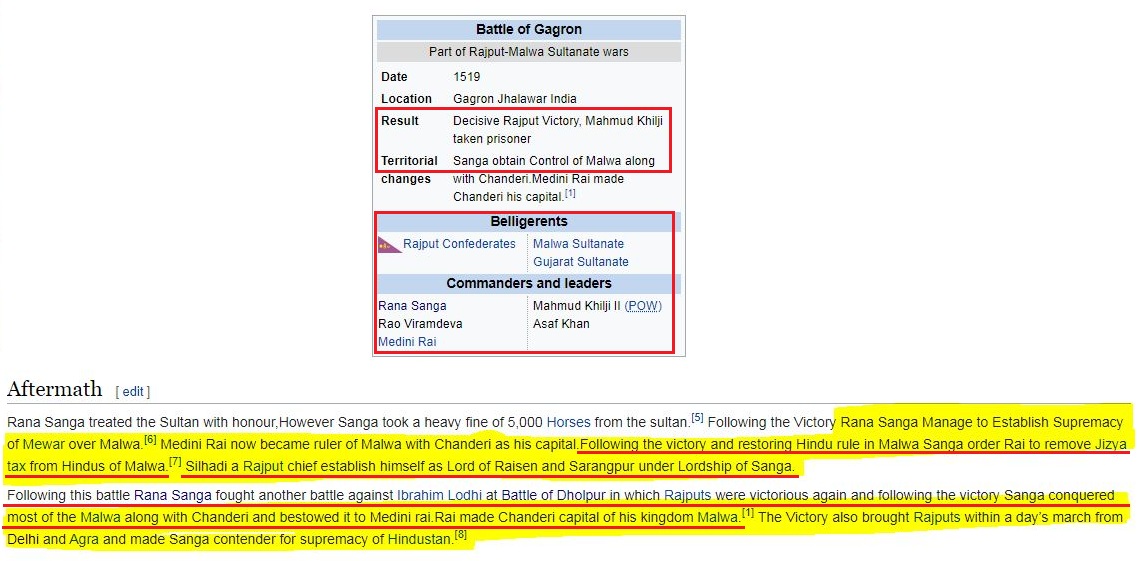 For better judgment, let's check another Battle, of Gagron.In Gagron, Rana defeated combined armies of Sultanat of Gujarat & Malwa, even kept Mahmud Khilji as prisoner.Removed Jaziya from Hindus in Malwa.He defeated them thrice.Now, Rana needed outside help to defeat Ibrahim?