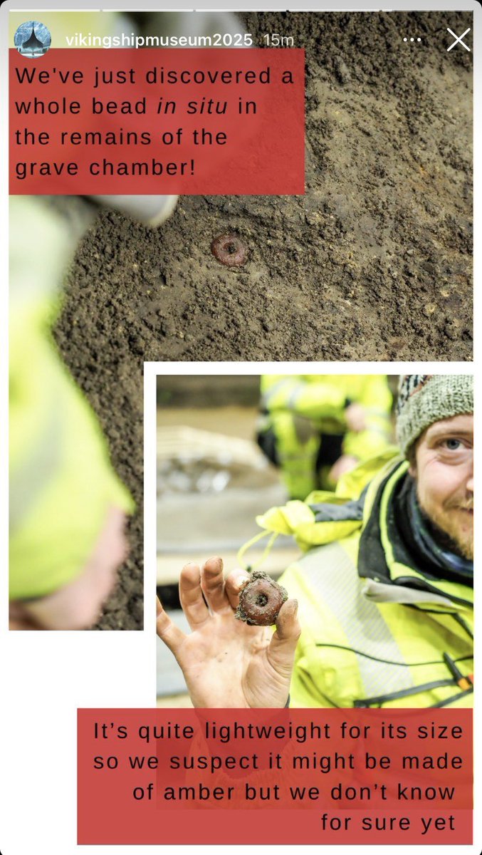 Finally, they found something cool in the Gjellestad #viking ship!! A large, intact bead, probably amber, in situ in what remains of the burial chamber. Hoping for more to come! 

📸 KHM via Facebook &amp; Instagram