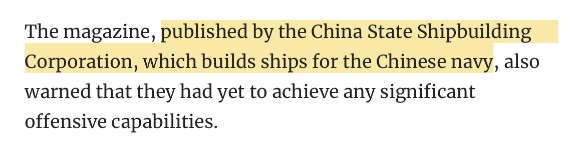 But I'd like to address a few items that stick out in this SCMP summary of the original article, published in "Naval and Merchant Ships".First, the source magazine is "published by the China State Shipbuilding Corporation, which builds ships for the Chinese navy."