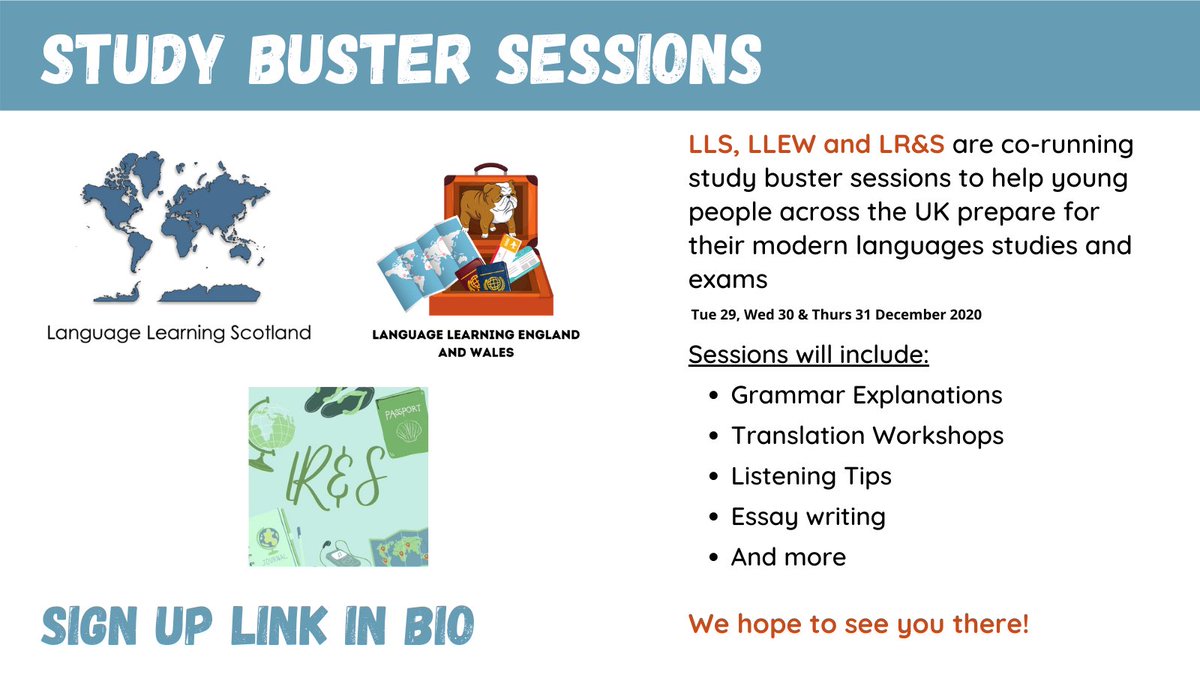 LanguageLearnSc's tweet photo. Study Buster Sessions: These sessions are designed to help students across the U.K. prepare for their modern languages studies and exams. Listening tips, grammar help and so much more will be on offer.  Sign up here: https://t.co/z5xtqwTxRs. We hope to see you there! https://t.co/fjOTU5DTXm