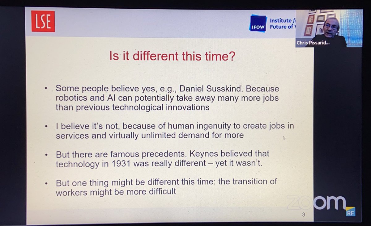 Is the  #coronavirus recession different? Pissarides says he does not believe s & AI will replace as many jobs as, say, electrification - however the transition of workers may be more difficult this time  #Coronanomics