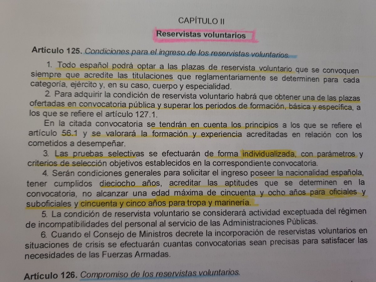santi544's tweet photo. Ley de la 39/2007 de la carrera militar, podran optar a reservistas voluntarios a tropa, cuando no superen los 55 años, Ley 8/2006 pasaran a ser RED al cumplir los 45 años. Se me va a quedar a fuego @PabloIglesias @pablocasado_ @Santi_ABASCAL @InesArrimadas https://t.co/64tHugVbR0
