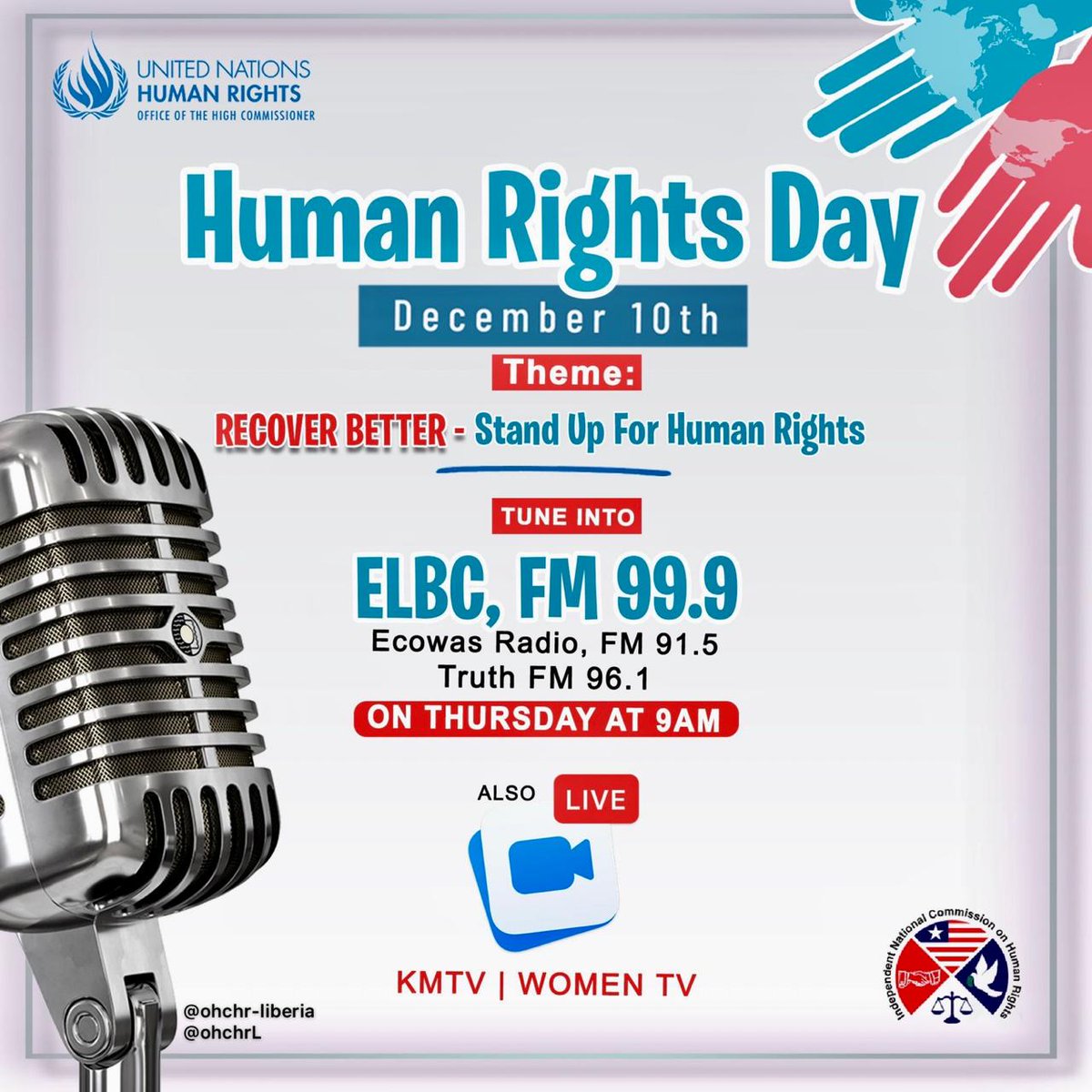 #ohchrliberia &amp; #inchr will hold a special Radio Program to commemorate Human Rights Day on 10 December on State Radio (ELBC) @ 9am and relayed on ECOWAS Radio and Truth FM. 
KMTV &amp; WOMEN's TV will be live. 
Join the conversation on putting Human Rights at the center of recovery.