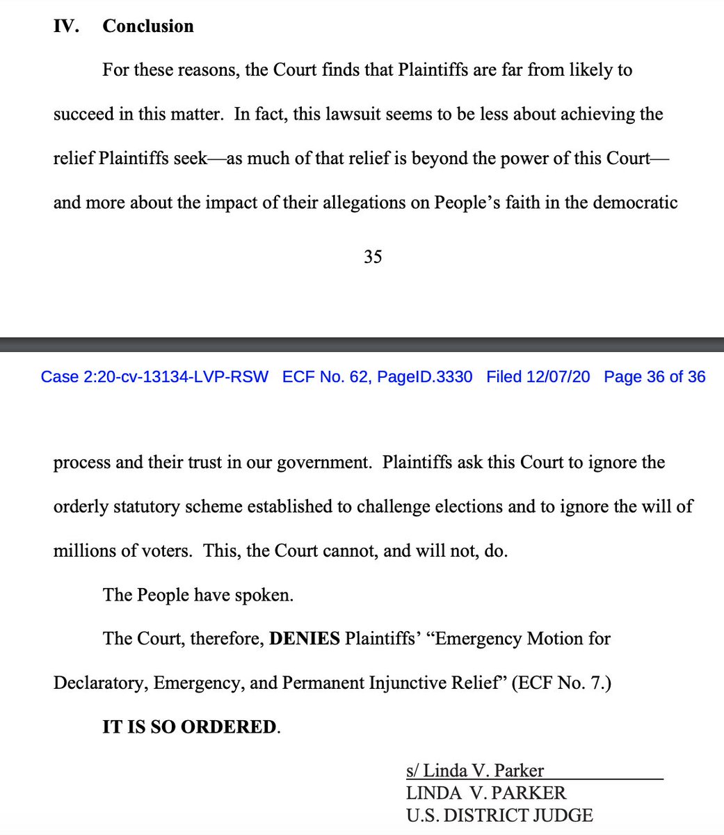 New: Another loss for Sidney Powell, this time in Michigan. The loss is multifaceted:- state officials immune- case is moot- laches (waited too long to sue)- abstention b/c of state court litigation- no standing- unlikely to succeed on the merits https://assets.documentcloud.org/documents/7334898/12-7-20-King-v-Whitmer-Opinion.pdf