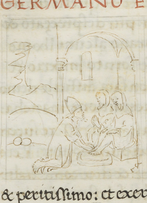  @HoughtonLib MS Typ. 142 is a complicated collection of saints' lives. The artist (Matteo Felice) did not finish the illustrations planned for this manuscript, leaving them at different stages of completion. What about the text? Hint: Things are even *more* complicated. 2/