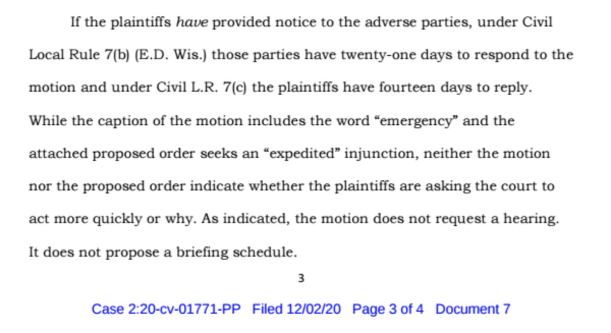 Parker dings Powell for including the words "due process" in pleadings but not backing it up with substantive argument — Powell's gotten in trouble for this before, recall in WI the judge noted she used the words "emergency" and "expedited" but didn't actually ask for that