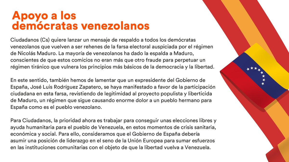 🇻🇪 Tras la nueva farsa electoral del régimen de Maduro...

👉 Cs envía un mensaje de apoyo a todos los demócratas venezolanos
👉 Lamenta la actitud del expresidente Zapatero
👉 Exige al Gobierno de España que lleve la causa venezolana a la UE
