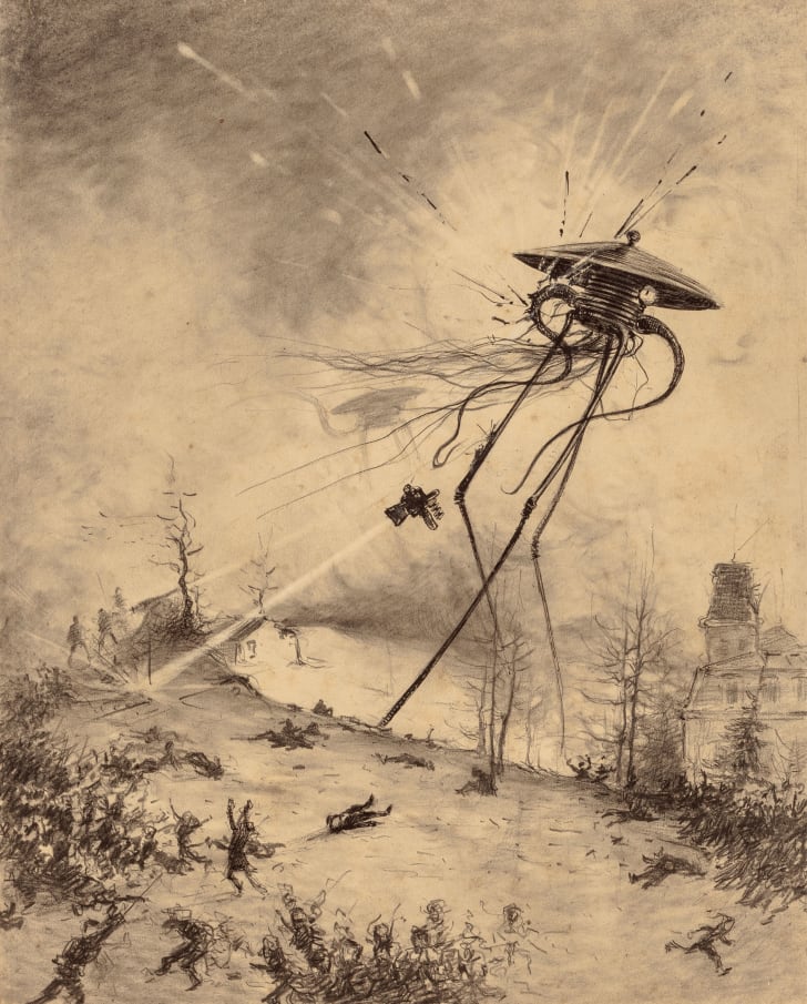 Some of the earliest images of ‘true’ aliens are therefore illustrations for science fiction from the late 19th early 20th century, including HG Well’s ‘War Of The Worlds’ by illustrator Henrique Alvim Corrêa in 1903 and the covers of the books by Edgar Rice Burroughs.