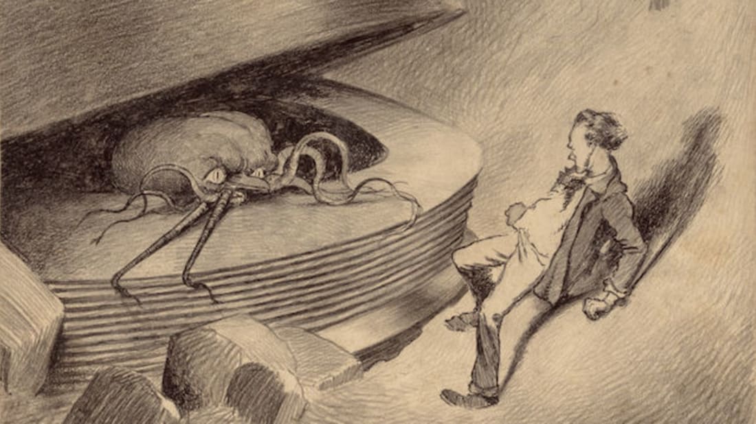 Some of the earliest images of ‘true’ aliens are therefore illustrations for science fiction from the late 19th early 20th century, including HG Well’s ‘War Of The Worlds’ by illustrator Henrique Alvim Corrêa in 1903 and the covers of the books by Edgar Rice Burroughs.