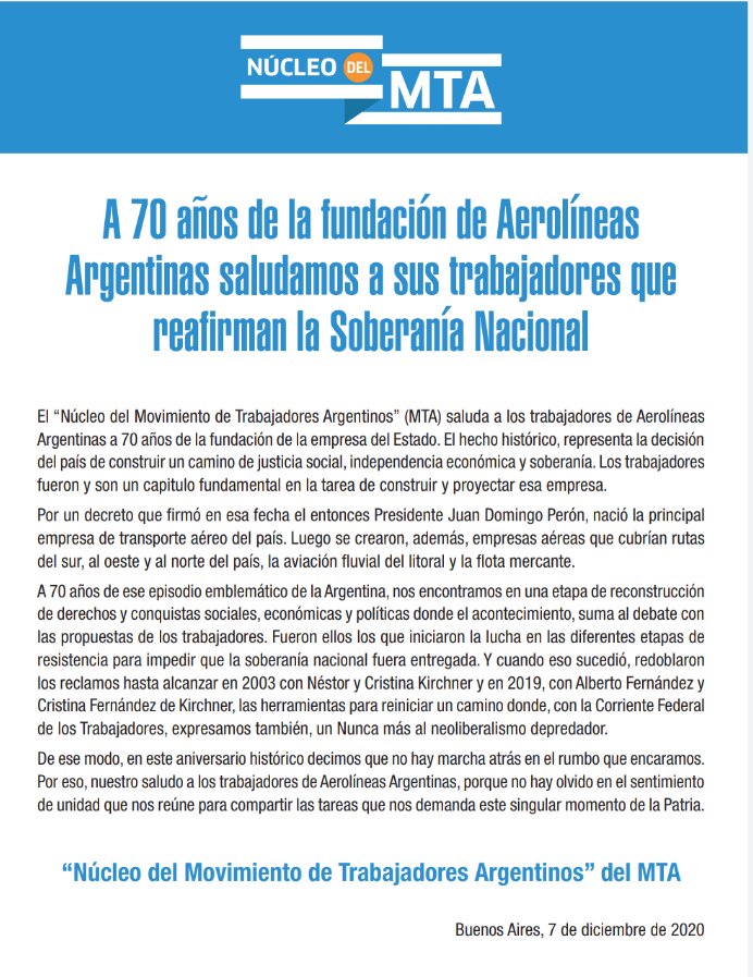 nucleodelMTA's tweet photo. A 70 años de la fundación de Aerolíneas Argentinas, gracias a sus trabajadores quienes reafirman la soberanía nacional. https://t.co/DyKM5HAMbZ