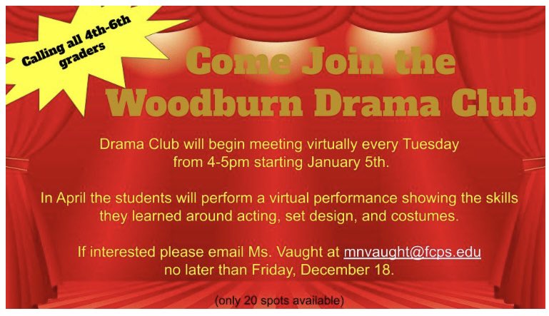 Calling all 4th, 5th, and 6th graders! It’s your time to shine in our Drama Club! We are excited to announce that @MsVaughtFCPS and Ms. Ragona are back at it teaching our Wildcats all about theater! Check out our website to find out more! @PtaWoodburn

woodburnes.fcps.edu/announcements/…