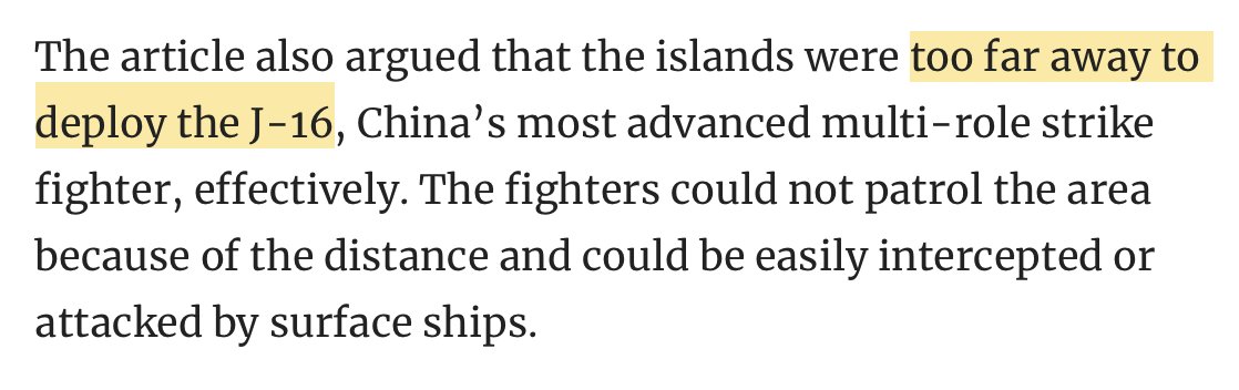 The article also says that the islands are "too far away to deploy" fighters to, which I fail to understand. As an example, Fiery Cross Reef is, as the article states, about 1000 km from Hainan Island, site of the nearest air bases in China proper.