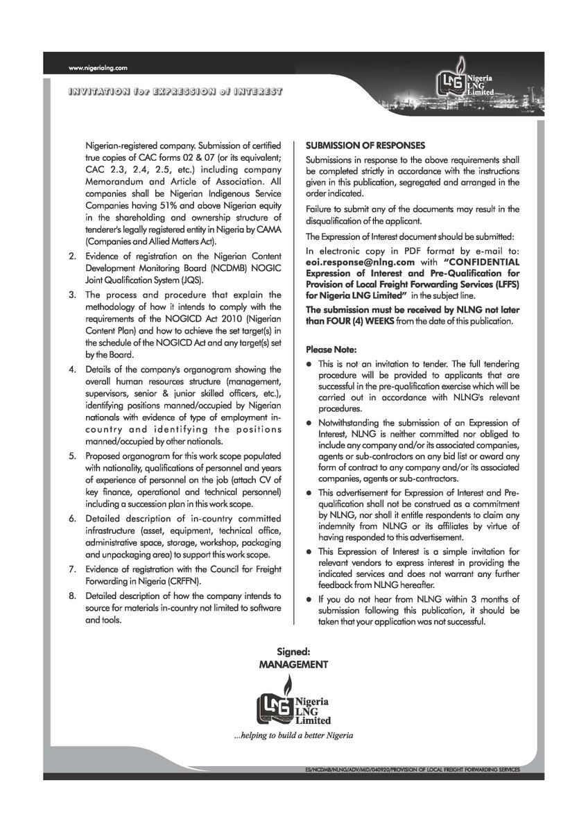 officialnlng's tweet photo. Extension of Deadline for Expression of Interest (EoI) for Provision of Local Freight Forwarding Services(LFFS)

@nigeriaLNG announces the extension of the deadline for expression of interest to provide Local Freight Forwarding Services (LFFS). The deadline is now 18th Dec. 2020. https://t.co/JiChITBIPP