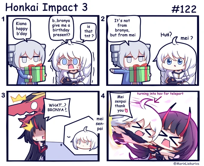 #HonkaiImpact3 

mei: "Happy b'day kiana," please say that to kiana ,,,,, and give this
Bronya : "ok" 