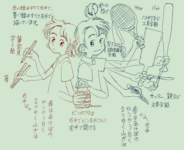 @sinoisan あ、元左利きさんなんですね。なら絶対左でも描けると思います! 私がこういう↓重度のクロスドミナントなので、むしろ右でできることの方が少ないです…(お箸と字と絵くらい)
