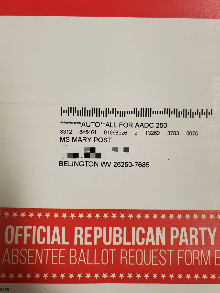 PostWVGirl's tweet photo. @realDonaldTrump I have NEVER lived in North Carolina, but I did recieve a request for a ballot...in North Carolina.
Something seems a little off. https://t.co/biR7draeBD