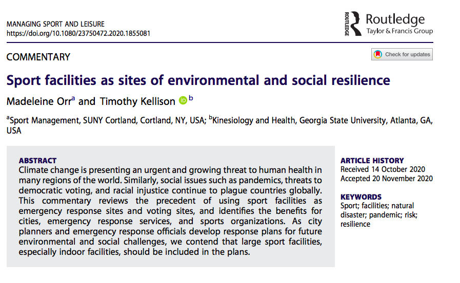 maddyjorr's tweet photo. 🚨New commentary alert w/ @TBKellison! 🚨 

We call for sport facilities to be PLANNED emergency response sites (e.g. disaster shelters, field hospitals) and PLANNED voting sites. Not last-minute, uncoordinated, may-or-may-not-be-used sites. #sportecology https://t.co/OPufy2Ctgh https://t.co/AUR4e2LKFQ