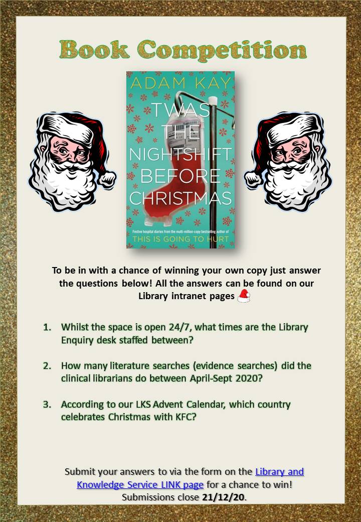 NBT_Library's tweet photo. For #Christmas2020 we have a festive treasure hunt across our Library intranet pages! 

One lucky winner will receive a copy of Adam Kay's 'Twas a Nightmare Before Christmas'🧑‍⚕️🎄

Submit your answers via the Library homepage by 21/12/20💻📚

@NBTWellbeing @NBT_Arts @NSnahper https://t.co/lfONzw72yj