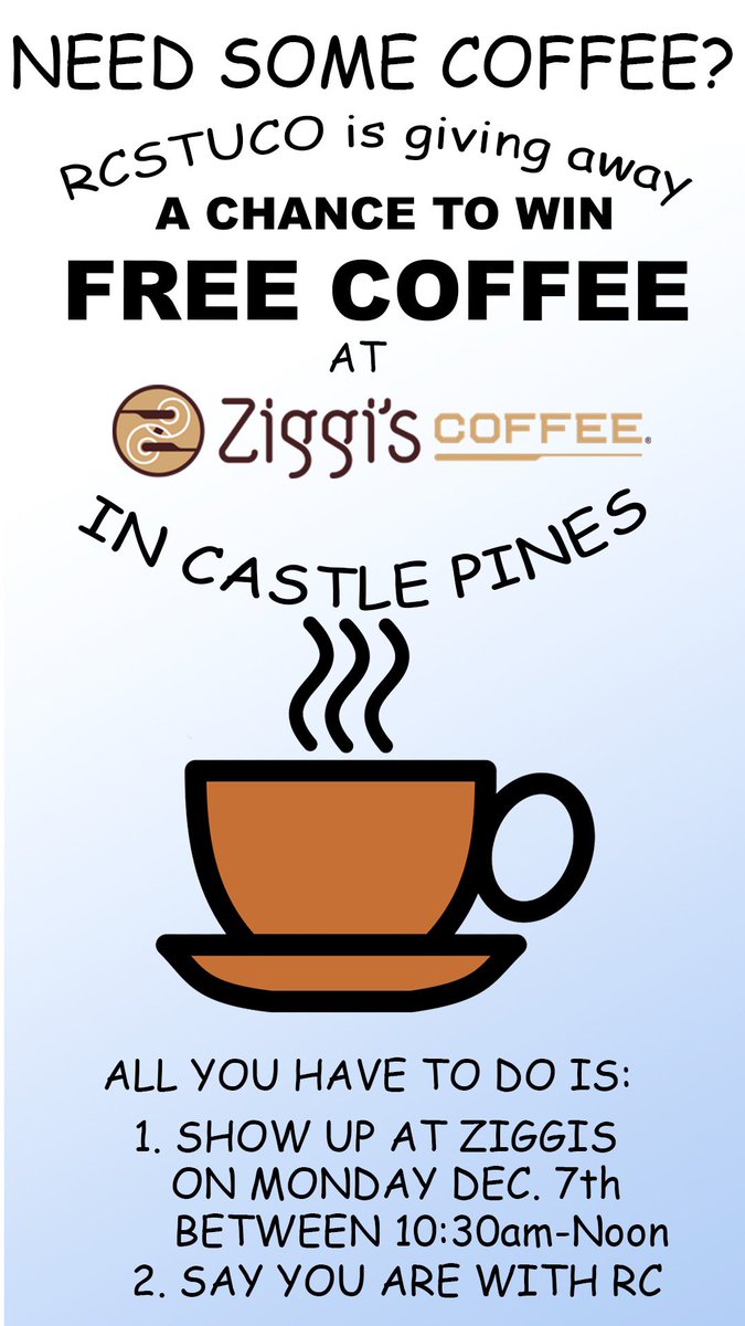 stucoRCHS's tweet photo. Need a Monday morning pick me up? Head over to Ziggi’s coffee today from 10:30-12!! 
☕️chances to win a free drink!
☕️enter to win a gift card! https://t.co/kJHxCOog7t