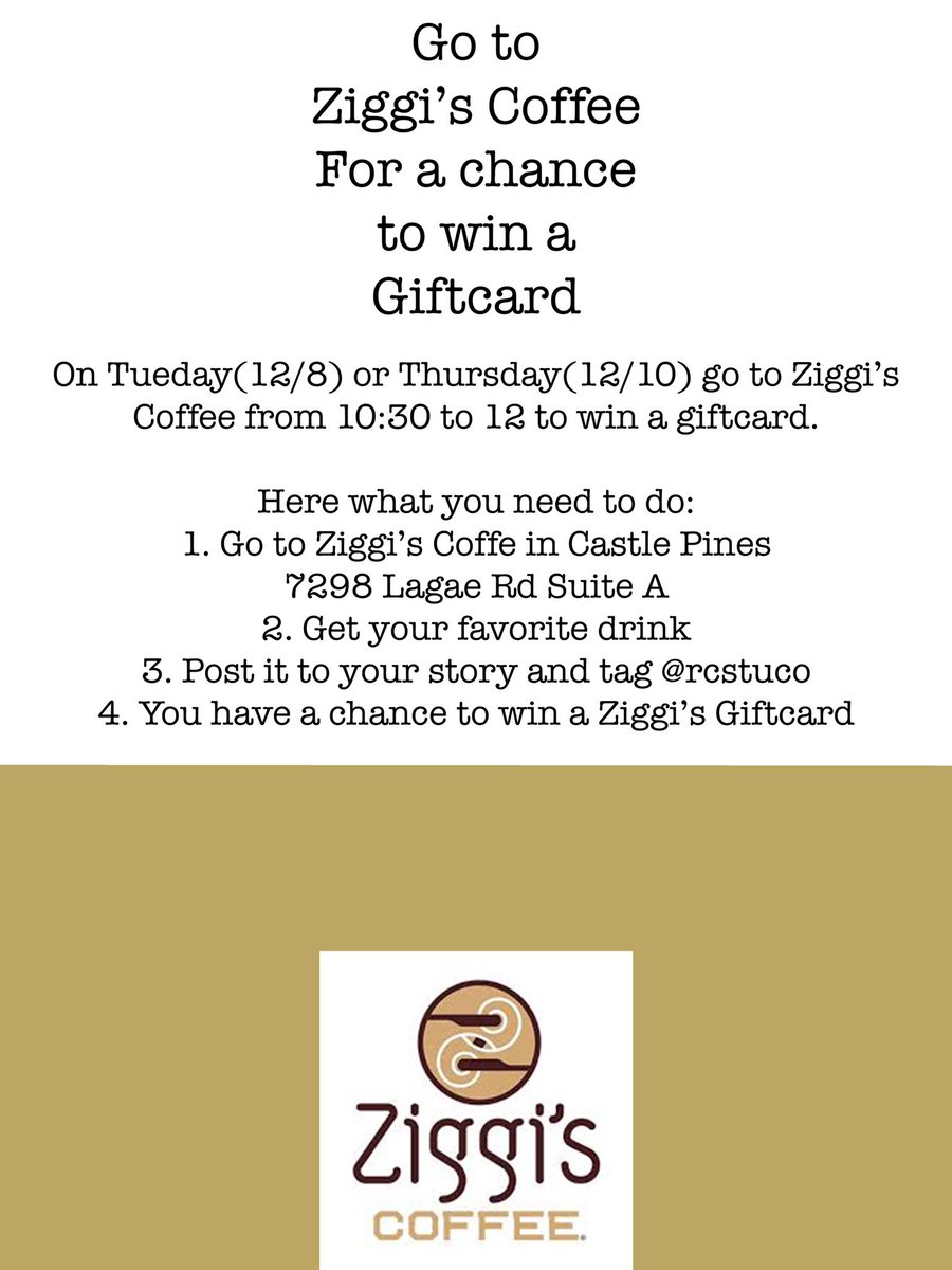 stucoRCHS's tweet photo. Need a Monday morning pick me up? Head over to Ziggi’s coffee today from 10:30-12!! 
☕️chances to win a free drink!
☕️enter to win a gift card! https://t.co/kJHxCOog7t