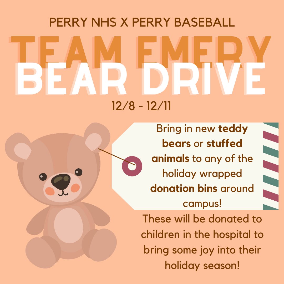 NhsPerry's tweet image. it’s time for our annual bear drive!! 🧸 
starting tomorrow, bring in new teddy bears or stuffed animals. you can drop them off in any of the 11 drop off bins around campus. they are wrapped in holiday paper so you won’t miss them! thanks for your service pumas! 🐾❤️💙