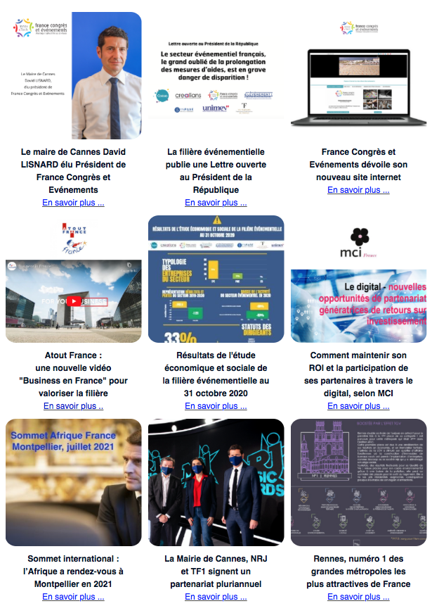 De nouvelles actualités dans notre dernière newsletter mise en ligne ce jour. 
<a href="/davidlisnard/">David Lisnard</a> <a href="/atout_france/">Atout France</a> <a href="/MCI_France/">MCI France</a>
@MplTourisme <a href="/CannesPalais/">Palais des Festivals</a> <a href="/dest_rennes/">Destination Rennes</a> 
#eventprofs #business #Digital #relance #ROI 
bit.ly/2LhohTF
Bonne lecture !