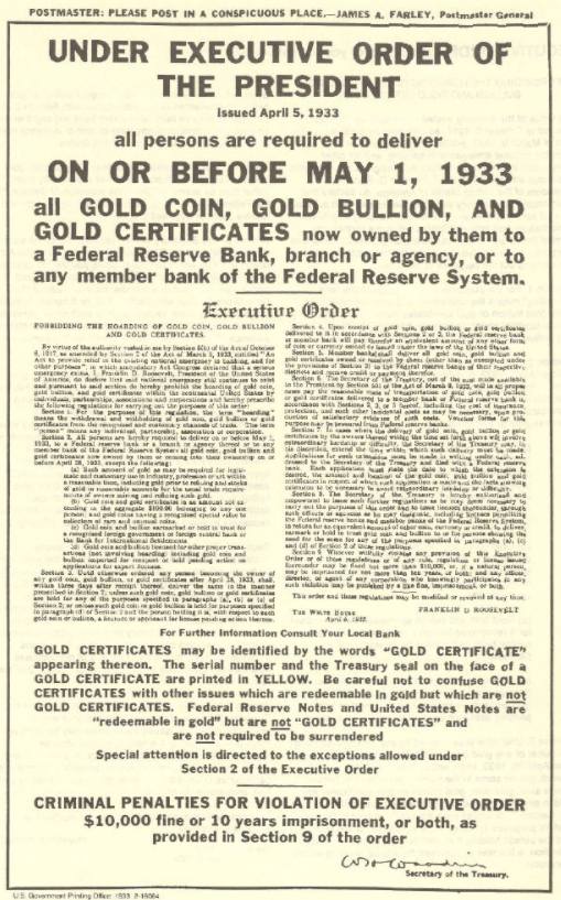 3) With the executive order 6102 ( @6102bitcoin) the claim was ' hard times had caused "hoarding" of gold, stalling economic growth and worsened the depression. SO with the order, he forbid hoarding of gold coin, gold bullion, and gold certificates within the United States.