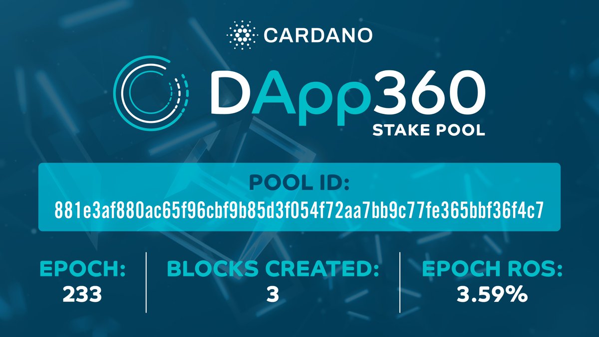 dapp360's tweet photo. RECAP: 3 blocks created in Epoch 233! Epoch ROS is 3.59% according to @PooltoolI #Cardano #ADA #cardano2020 https://t.co/KISBBq2xB2