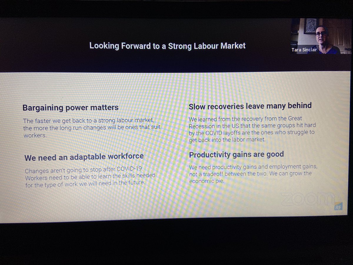 Sinclair concludes saying that post- #Coronavirus could lead to a stronger, more equitable labour market. Believes bargaining powers will increase & workers will become more adaptable & frequently re/upskill to respond to changing demand for skills  #Coronanomics