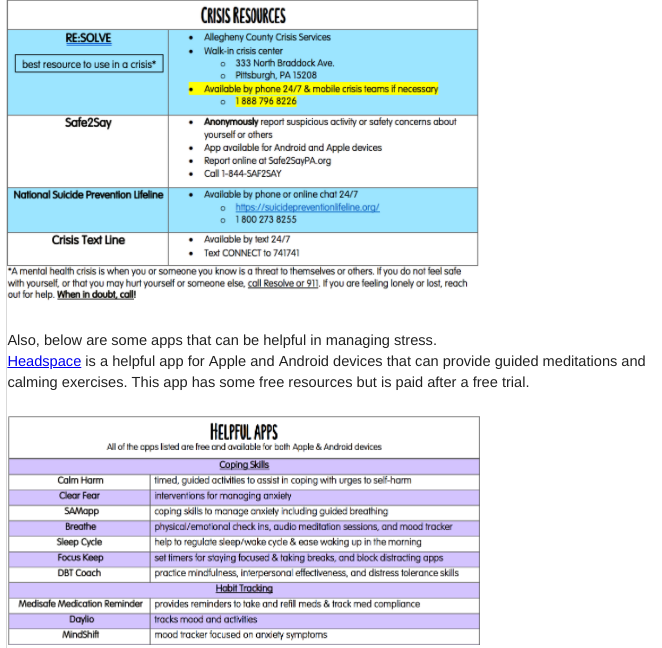 This is a tough time for our students and school community right now. We're all hurting. We're here for you all. Reach out if you or someone you know needs someone to talk with.