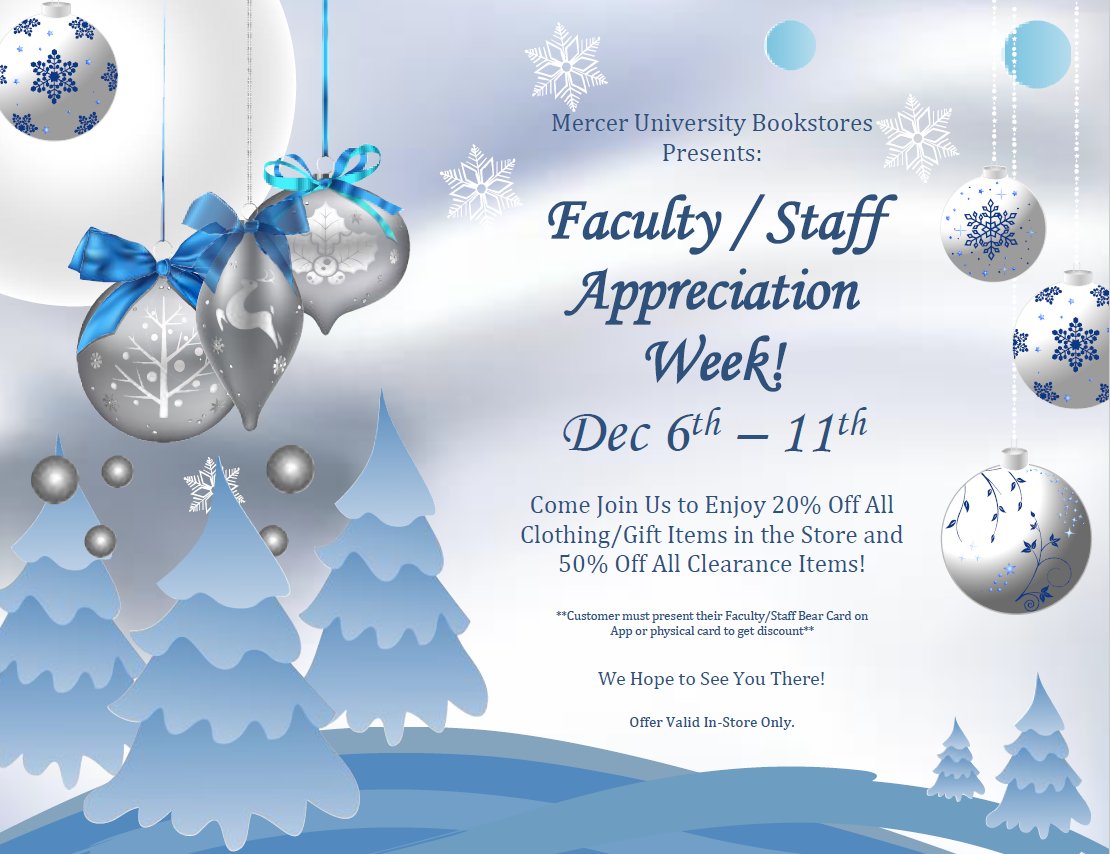 MUMaconBooks's tweet photo. To Mercer Faculty/Staff, we appreciate you so much! Enjoy 20% off of regular priced items and 50% off clearance! https://t.co/FRUC6qBTlo
