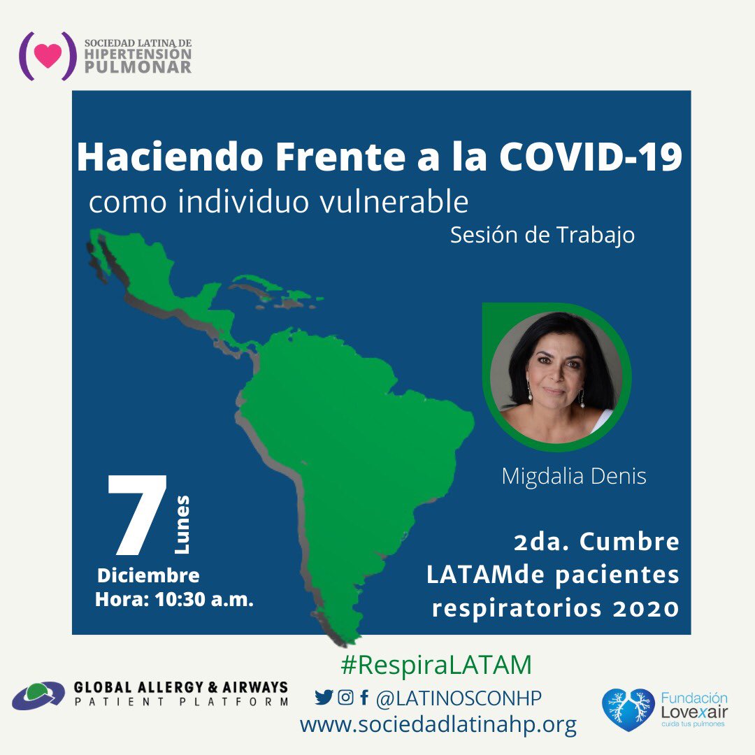 Genial!Aquí estamos ➡️ 2 Cumbre LATAM de pacientes respiratorios #LATAMRespira Haciendo frente a la COVID-19 como individuo vulnerable <a href="/Lovexair/">Fundación Lovexair</a> <a href="/LatinosConHP/">Hipertensión Pulmonar</a> <a href="/RespiraConMigda/">Migdalia Denis</a> <a href="/GrajalesDina/">Dina Grajales</a> <a href="/GA2P2/">Global Allergy and Airways Patient Platform</a> #HipertensiónPulmonar