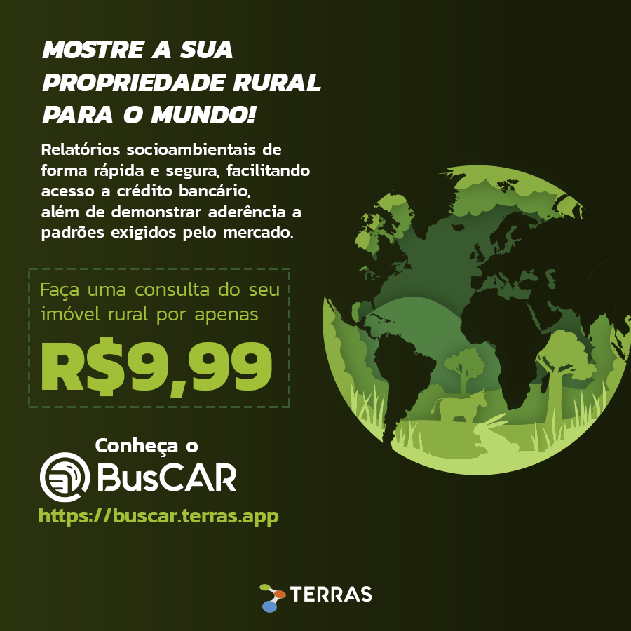 TerrasApp's tweet photo. O BusCAR ajuda você, produtor rural, a ter informações socioambientais atualizadas do imóvel rural com rapidez e segurança, por apenas R$9,99 a consulta. O relatório fornece uma análise de diversos critérios socioambientais do imóvel.

Conheça o BusCAR: https://t.co/PRSe6CCSEP https://t.co/6y28ygJB8h