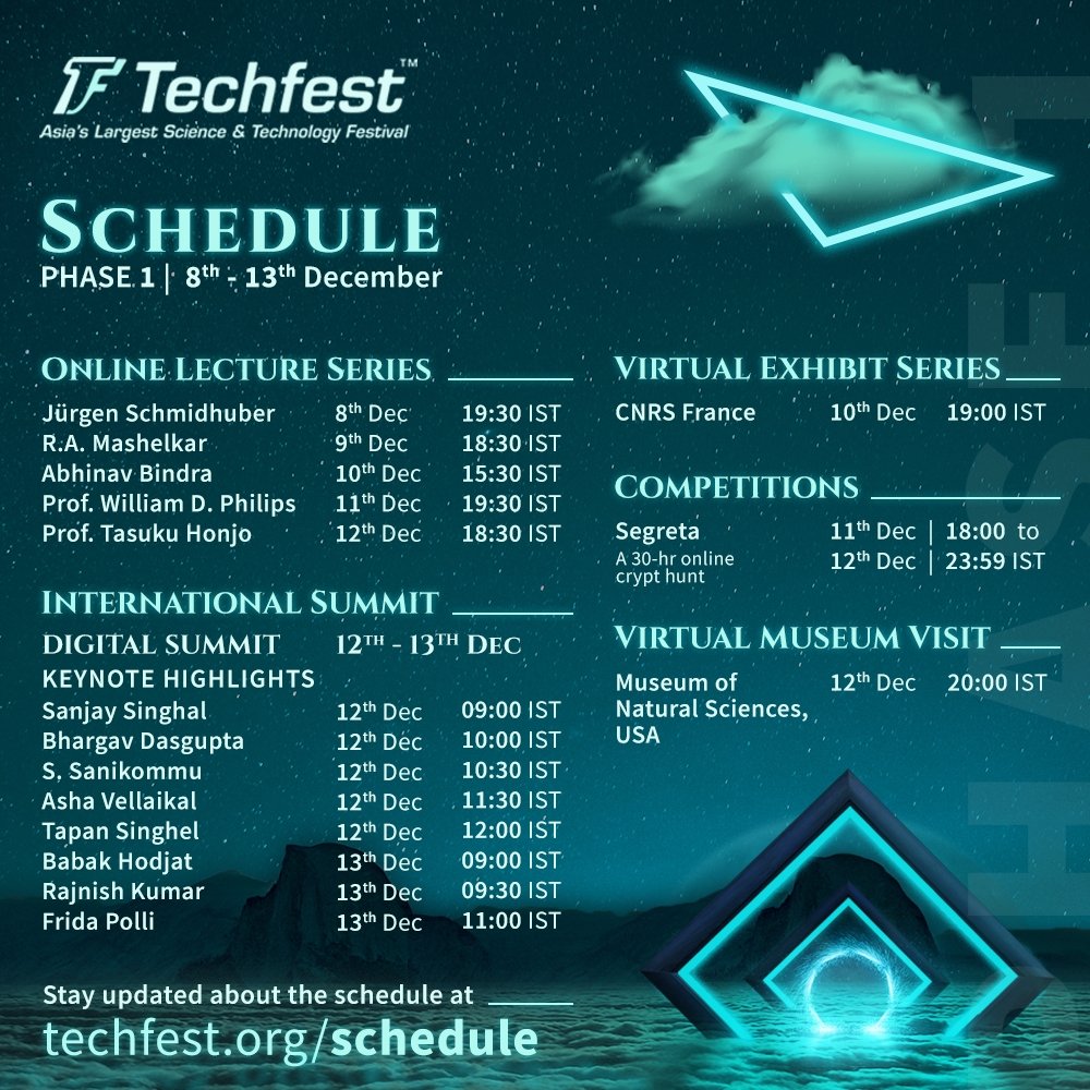 Techfest_IITB's tweet photo. We are proud to present Phase 1 of the #OfficialSchedule of #events for the 24th edition of #Techfest! The vast range of events we are offering this year has been compactly presented so that you can stay up to date.
For more information, check out https://t.co/Y93FiDrjKc https://t.co/nw8fowvq2V