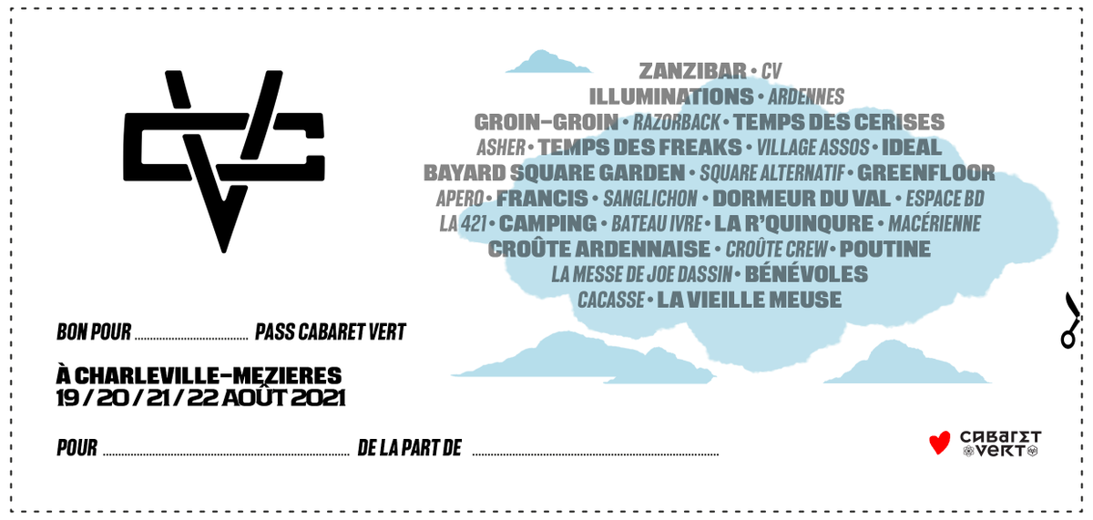CabaretVert's tweet photo. 2021, nous voilà !

La prochaine édition se tiendra du 19 au 22 août prochain📆

Nous vous avons préparé un « bon pour des pass Cabaret » prêt à découper, à personnaliser et à glisser sous le sapin en attendant l'ouverture de la billetterie début 2021 !

#CV21 #cadeaux #nöel https://t.co/YAcs1BDBOF