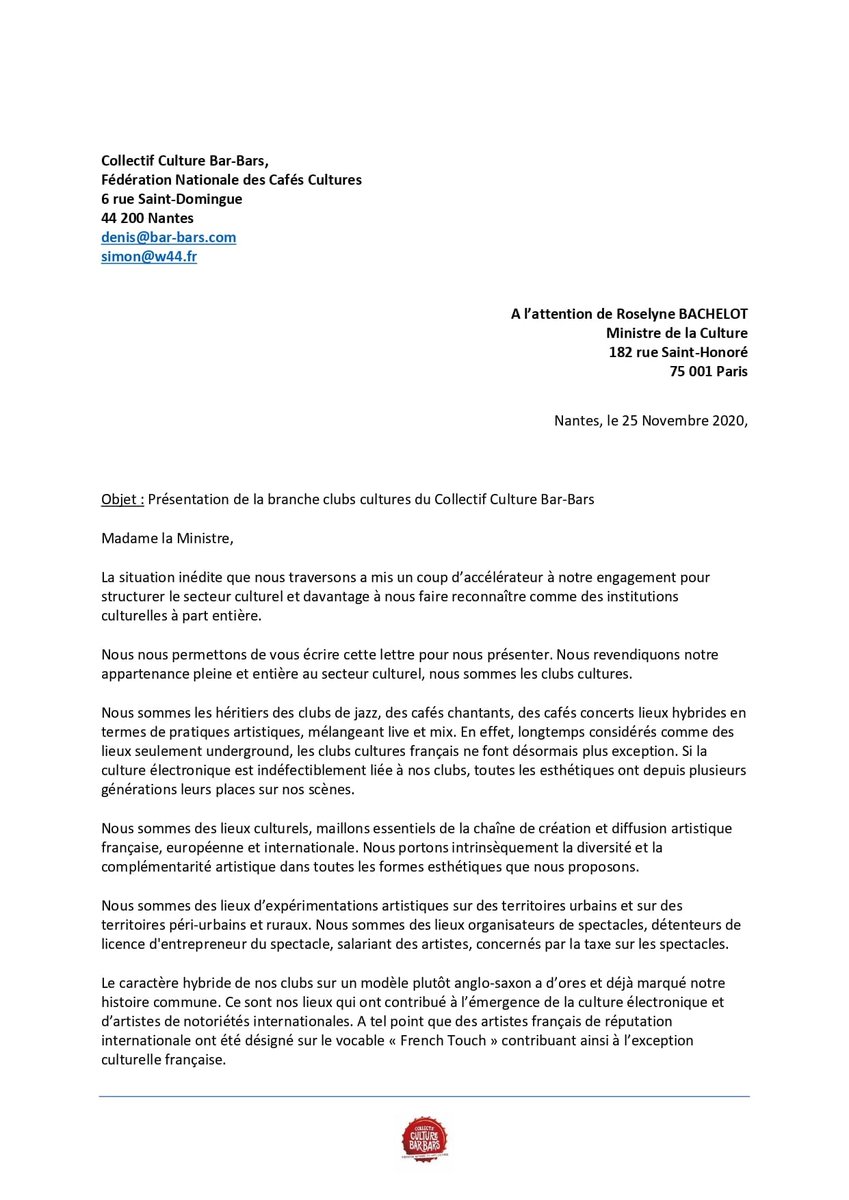 warehousenantes's tweet image. Lettre à la Ministre de la Culture @R_Bachelot du Collectif @CafsCultures, co-signée par @SimonBoisson, cogérant du Warehouse !

✊🏻 1 #RT = 1 SOUTIEN !