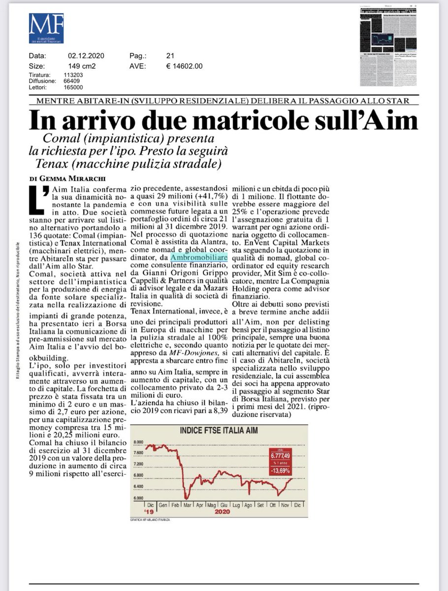 #ambromobiliare advisor finanziario della matricola #Comal, società impiantistica leader nel settore degli impianti fotovoltaici 

In #BORSA a Milano -segmento  #aim - entro dicembre 2020

#finanza #risparmio #azioni