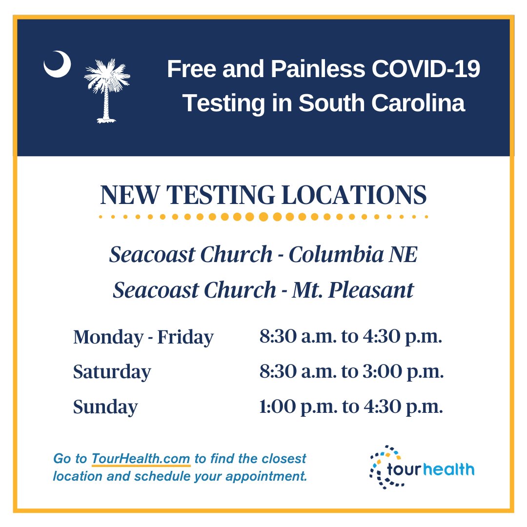 GoTourHealth's tweet photo. New #COVID19 test sites opening today in Mount Pleasant and Columbia, #SouthCarolina.

**OPEN 7 DAYS A WEEK**

@scdhec @SeacoastChurch @MtPleasantGov @PCColumbia https://t.co/hwpm5G9mVs
