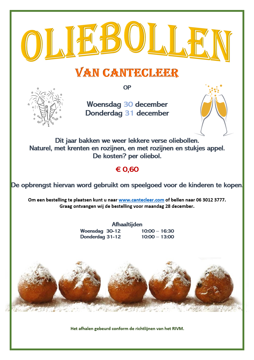 🅾🅻🅸🅴🅱🅾🅻🅻🅴🅽🅰🅲🆃🅸🅴 
Tijdens de jaarwisseling van 30 en 31 december worden er 𝒐𝒍𝒊𝒆𝒃𝒐𝒍𝒍𝒆𝒏 gebakken bij Kinderboerderij Cantecleer. U heeft keuze uit verschillende soorten 𝒐𝒍𝒊𝒆𝒃𝒐𝒍𝒍𝒆𝒏; naturel, rozijnen of appel/rozijn. cantecleer.com/oliebollenverk…