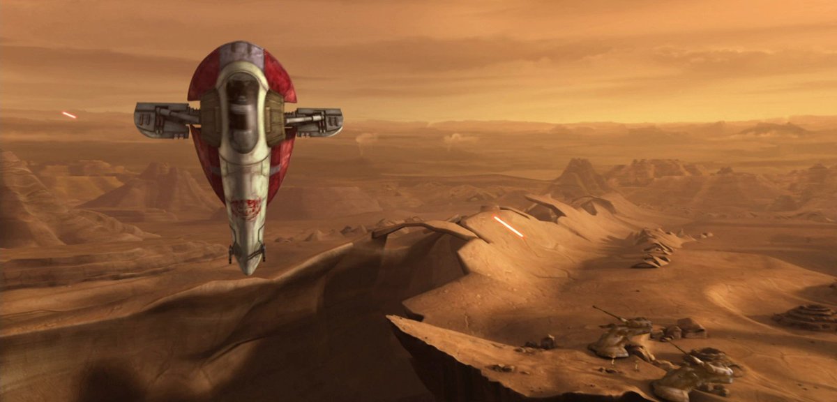  #TheMandalorian   I mean, the Firespray-31-class was introduced in The Empire Strikes Back (1980), before reappearing in Attack of the Clones (2002) then The Clone Wars (and so many other works). It's not just any ship. It's a hero ship.